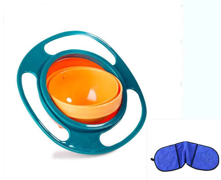 Teal-blue spill-proof bowl dish with orange inner cup, ring handles on top view
