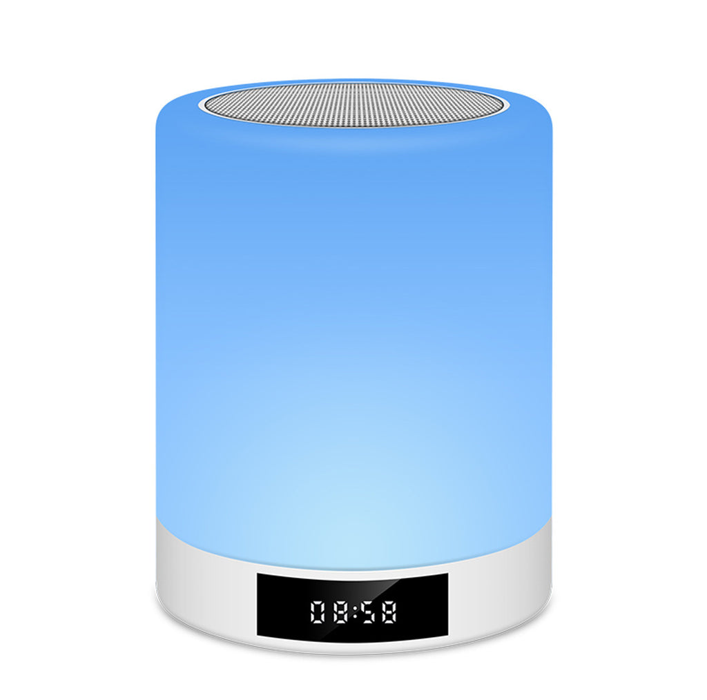 Blue rechargeable night light speaker with speaker grille and digital clock display