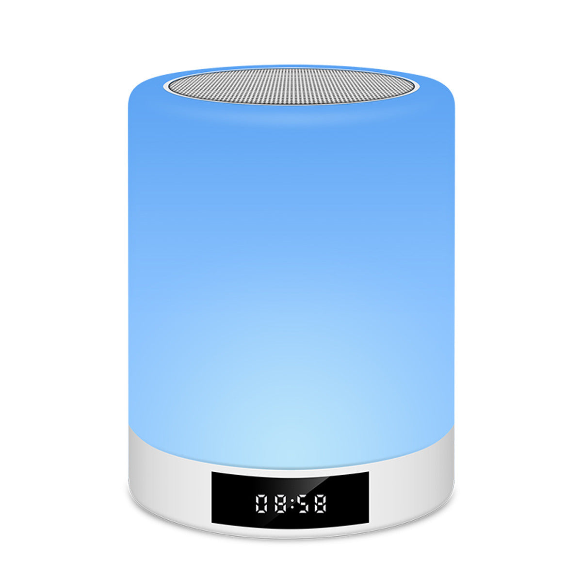 Blue rechargeable night light speaker with speaker grille and digital clock display