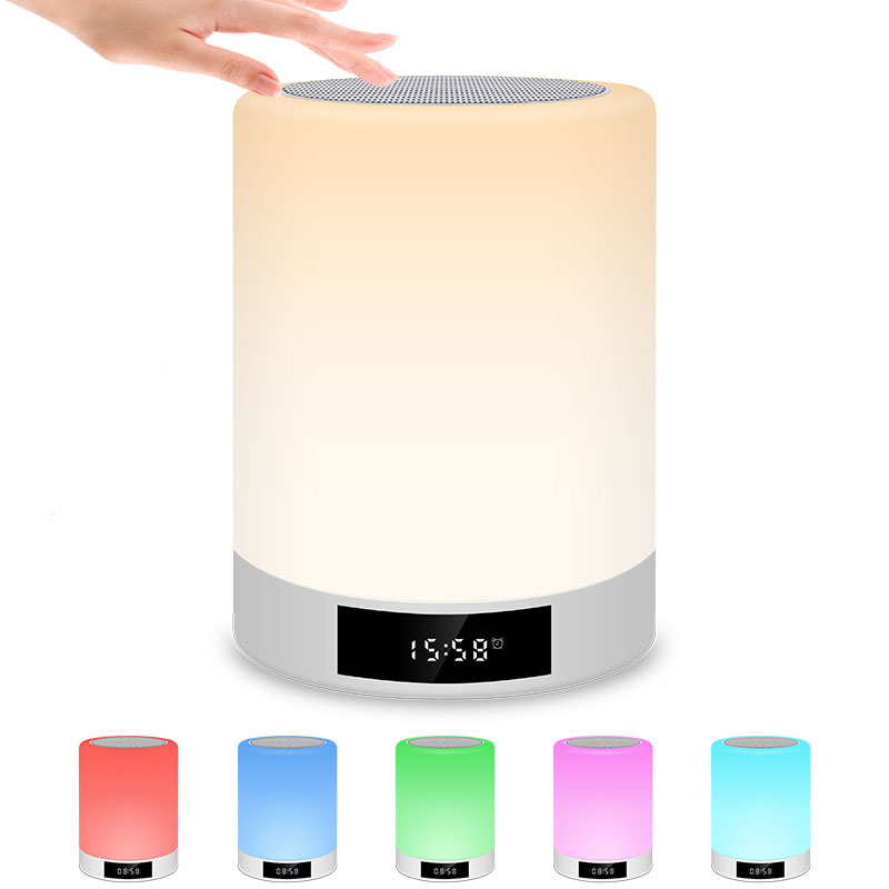 Rechargeable night light speaker with warm glow, hand on top and small color options
