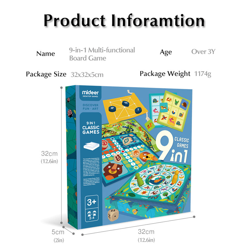 Product information panel for 9-in-1 multi-functional board game, with age and size