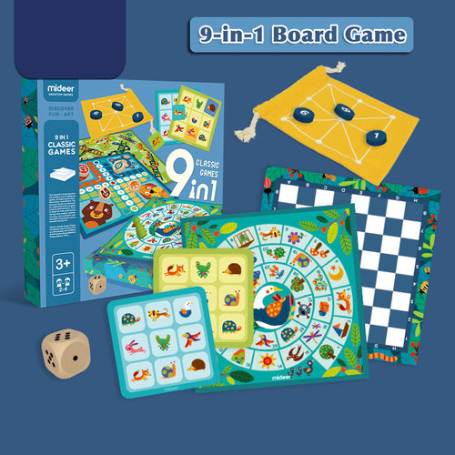Kids 9-in-1 board game set with colorful game boards and dice, in blue packaging