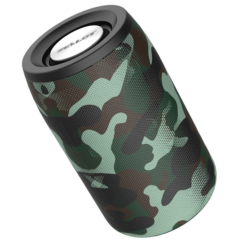 Green camo wireless Bluetooth mini speaker with black top grille and logo