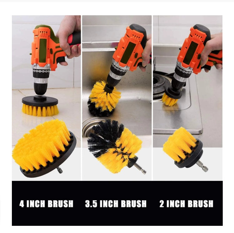 Drill brush attachment with yellow and black bristles and metal quick-change shaft