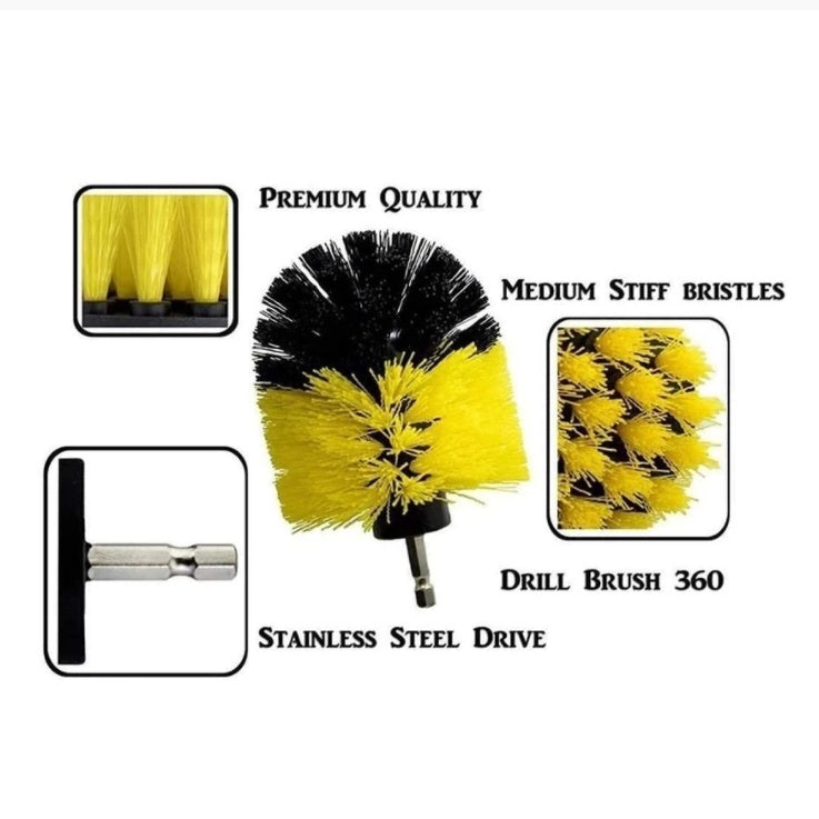 360 drill brush attachment with yellow and black bristles, stainless steel drive