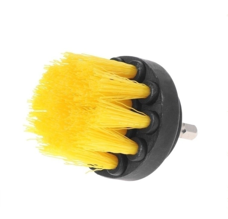 Yellow bristle drill brush head with black plastic base and metal shaft