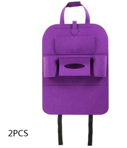 Purple back-of-seat organizer with front storage flap, side pockets, and hanging straps
