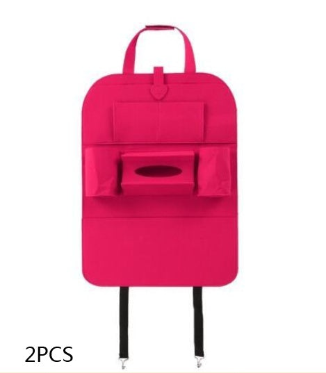 Rose red car seat organizer with front flap pocket and bottom hanging straps
