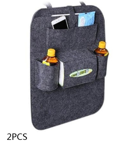 Dark gray car seat organizer with side bottle pouches and front storage panel