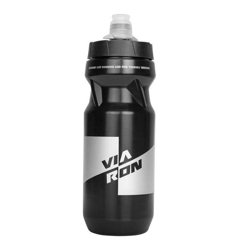 Black outdoor sports water bottle with screw cap and Via Run logo on front