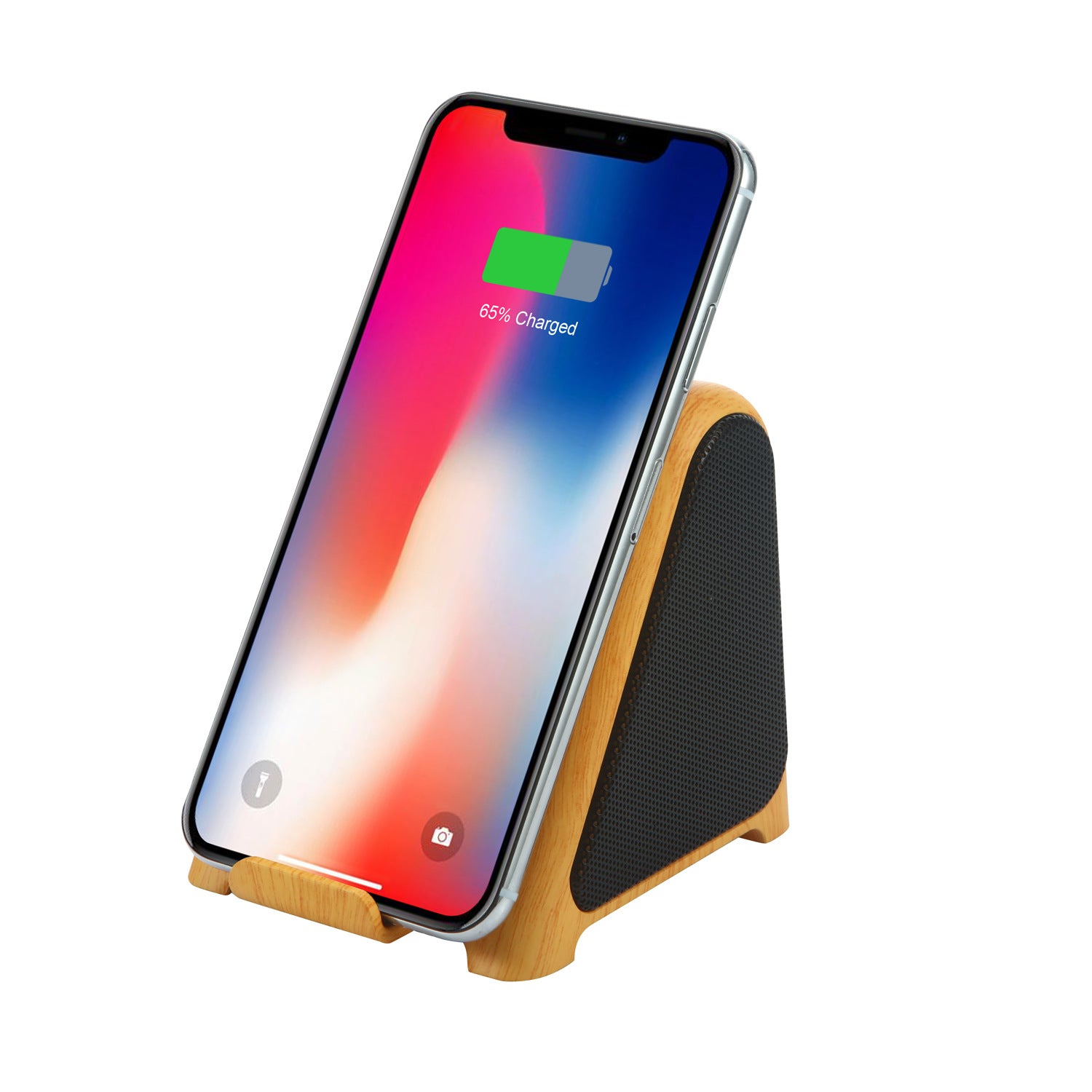 Small wood-grain wireless subwoofer speaker dock with phone resting against the front