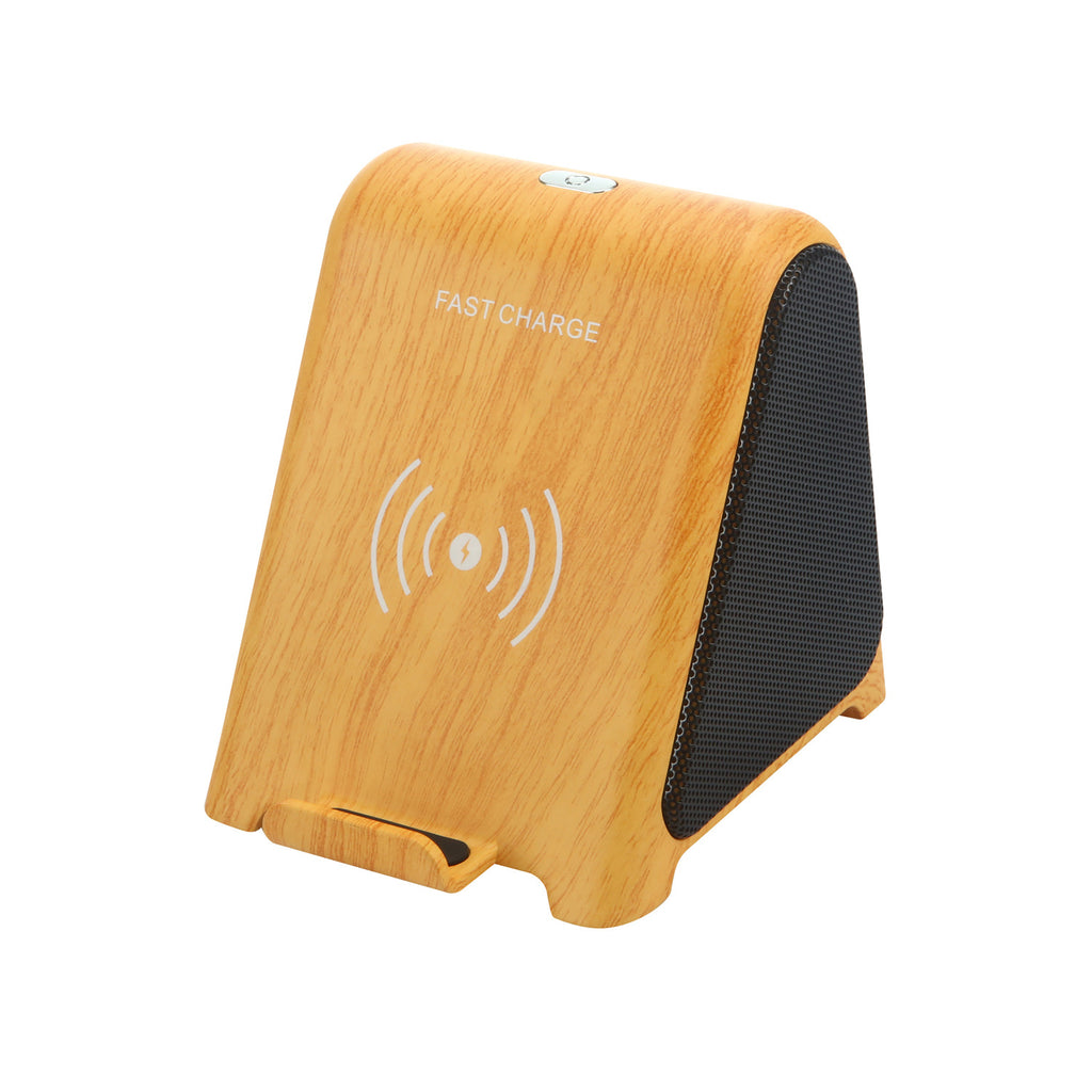 Small wood-grain wireless subwoofer speaker with charging waves and front grille