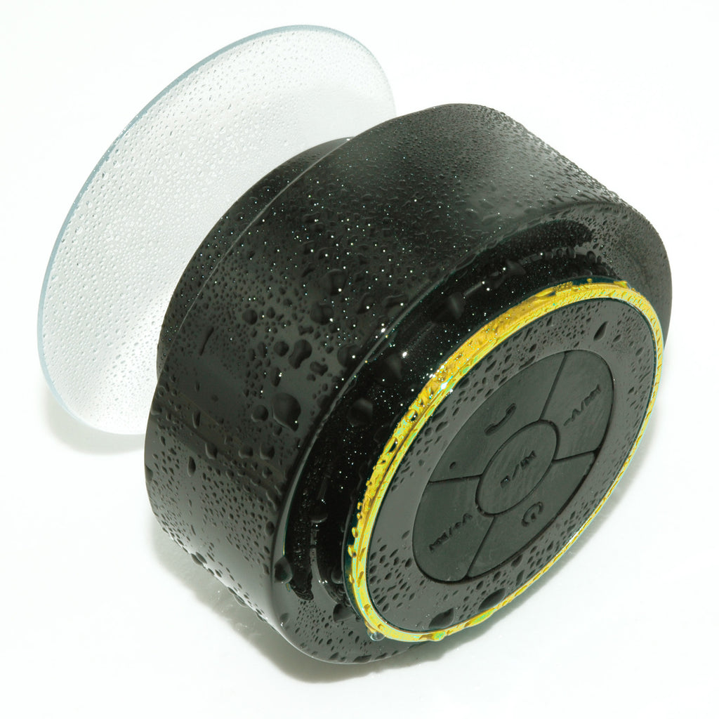 Bluetooth waterproof speaker with white rear cap, black body, and yellow LED ring