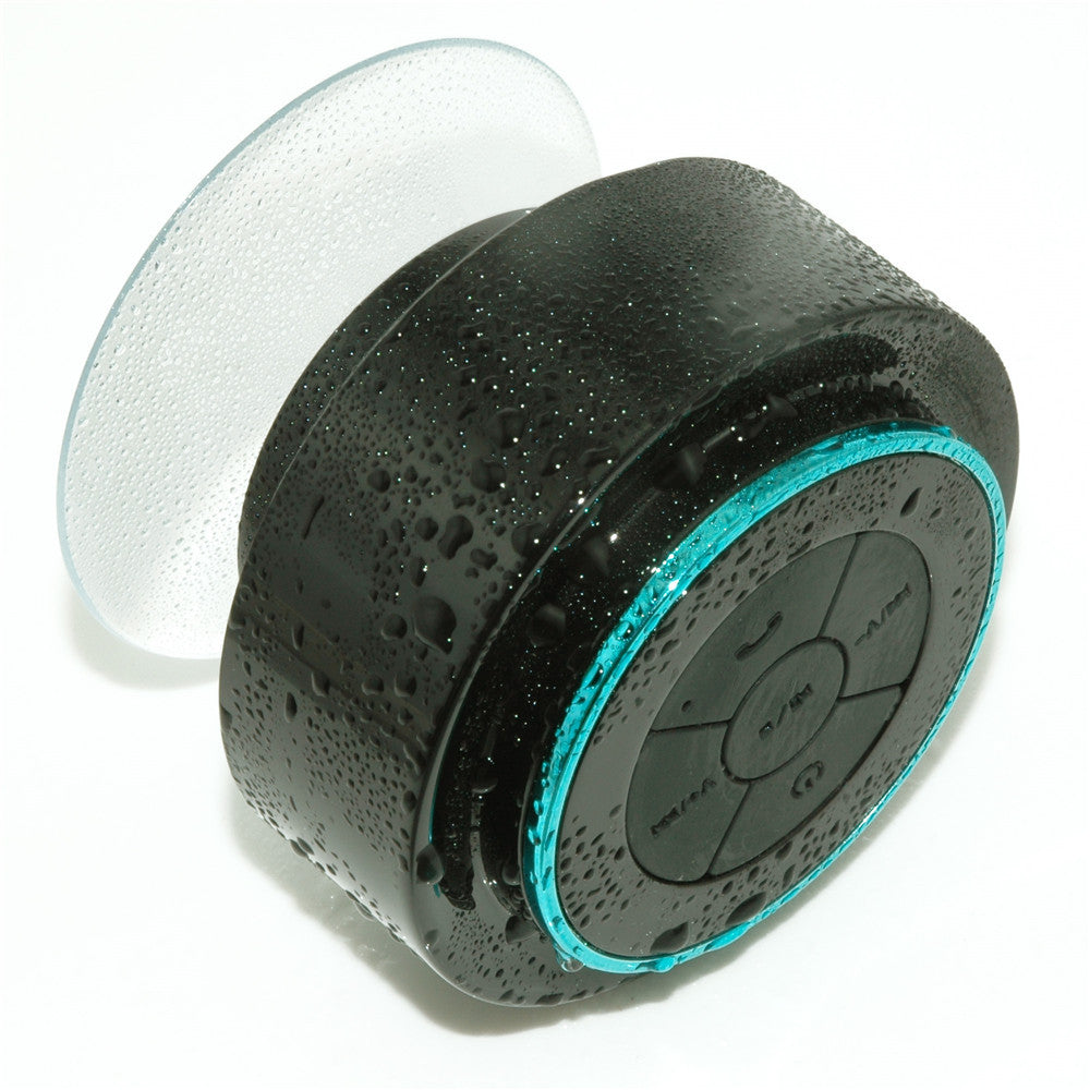 Bluetooth waterproof speaker with black body and teal LED ring, side view