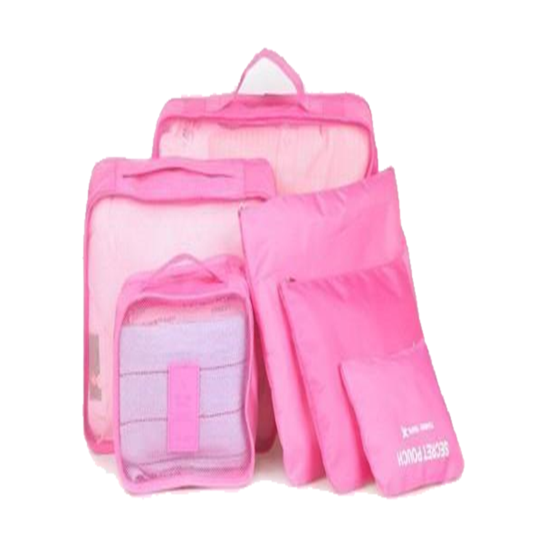 Packing cube set in bright pink with clear mesh panels and zippered pouches