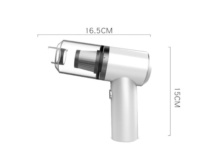 Wireless car vacuum cleaner with white handheld body and transparent dust collector.