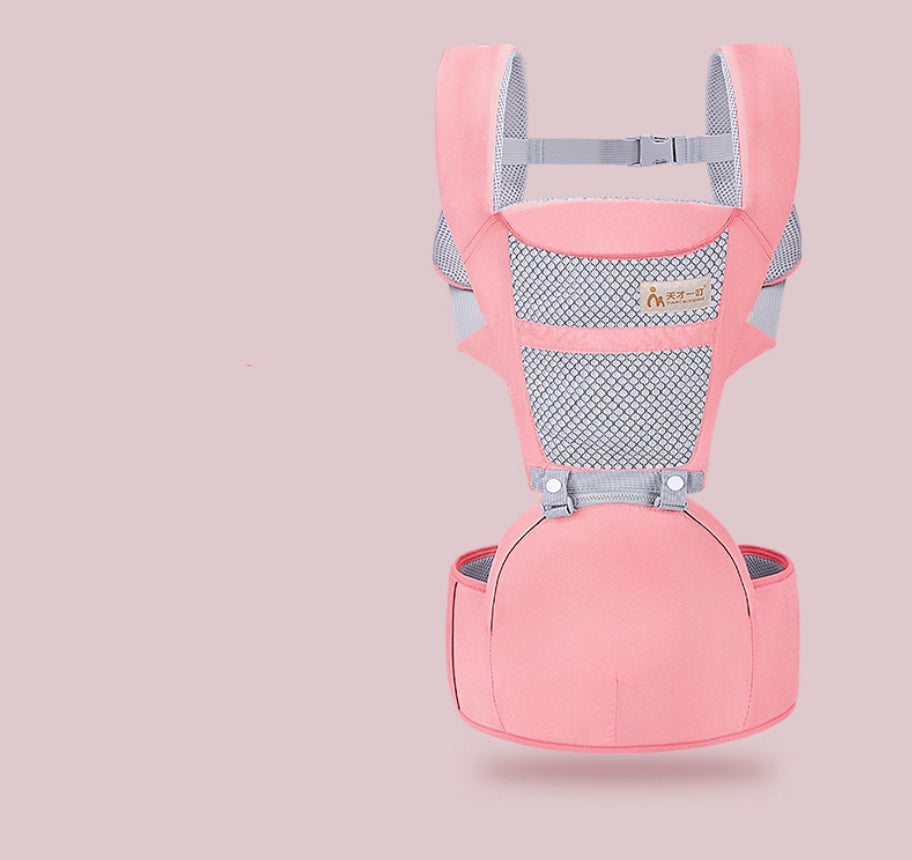 Pink baby waist carrier and stool with textured mesh bib and padded seat