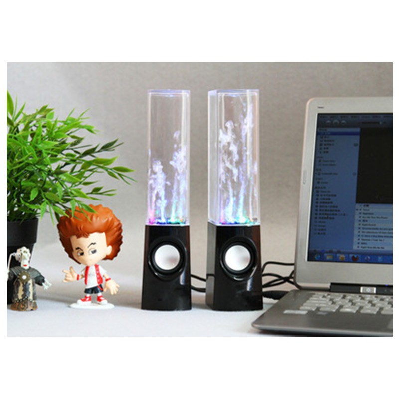 Water fountain LED speaker pair with clear tubes and blue lighting, black bases and round woofers