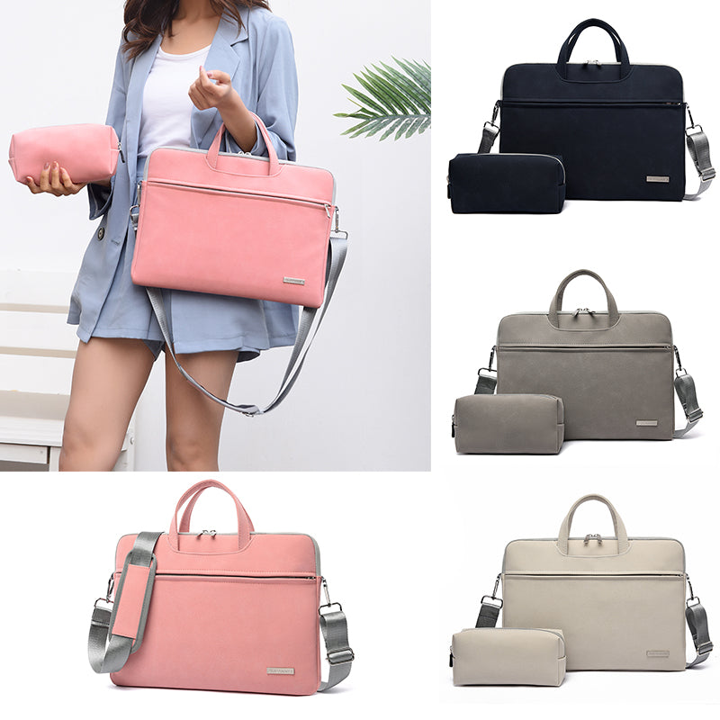 Pink PU leather laptop bag with shoulder strap, zipper front, and matching small pouch