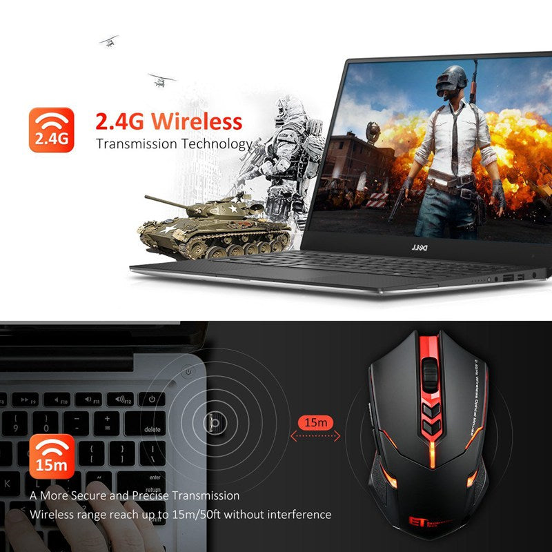 Black wireless mouse with red LED scroll strip and side glow, 2.4G wireless