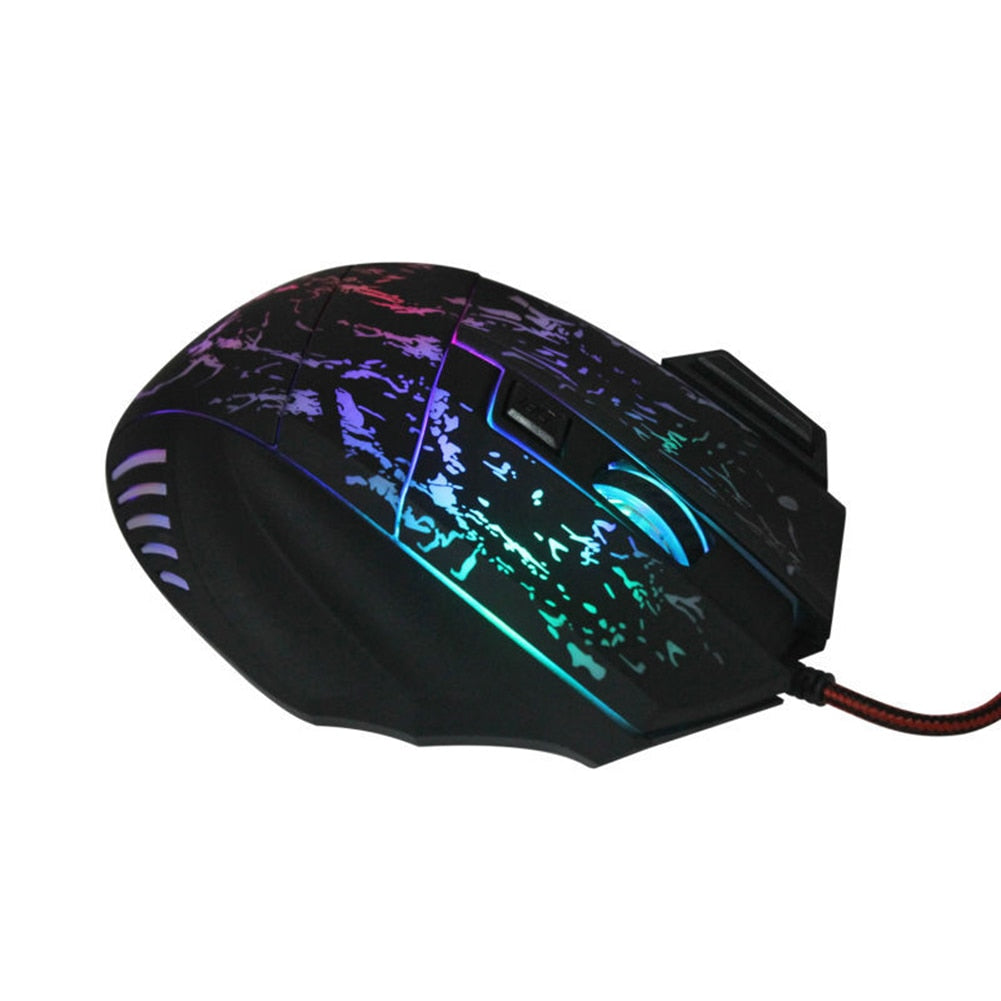 Gaming mouse with black body, purple-blue LED strip, and red braided cable