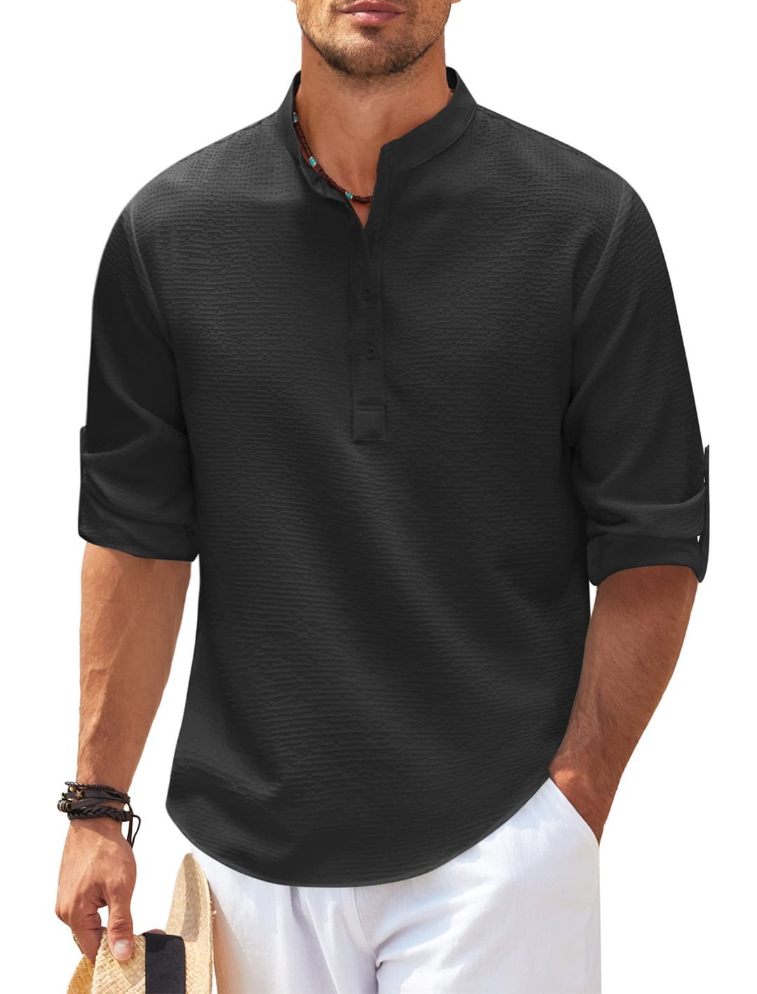 Men's long-sleeve stand-collar shirt in black with button placket