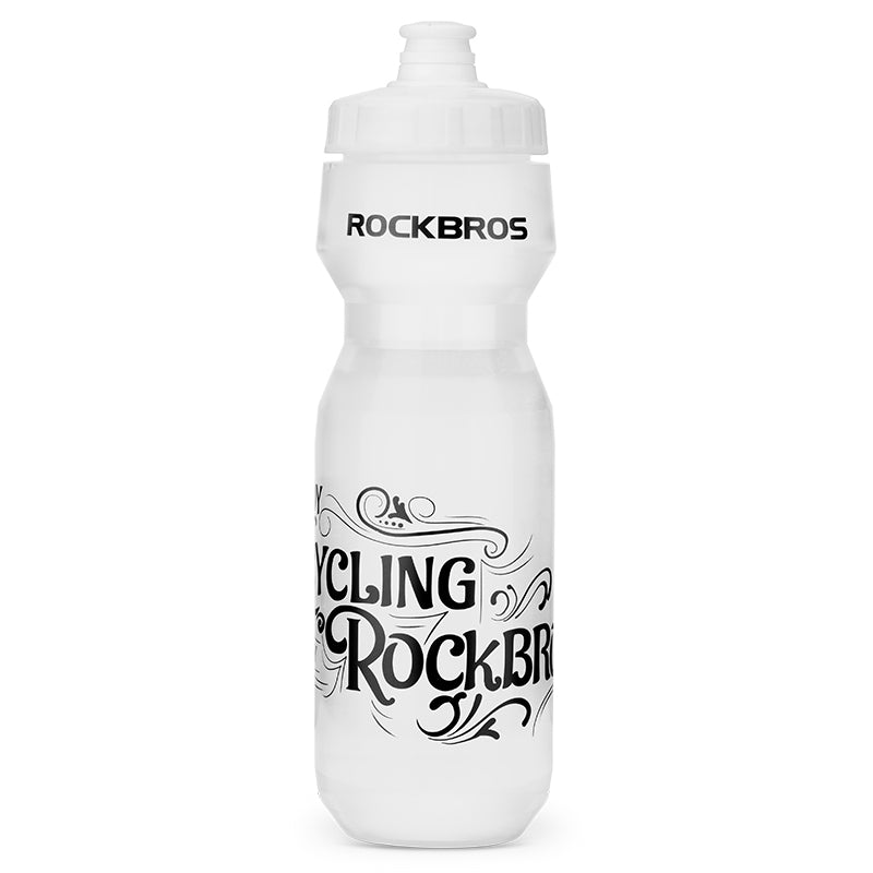 White ROCKBROS cycling water bottle, front view, screw cap and logo