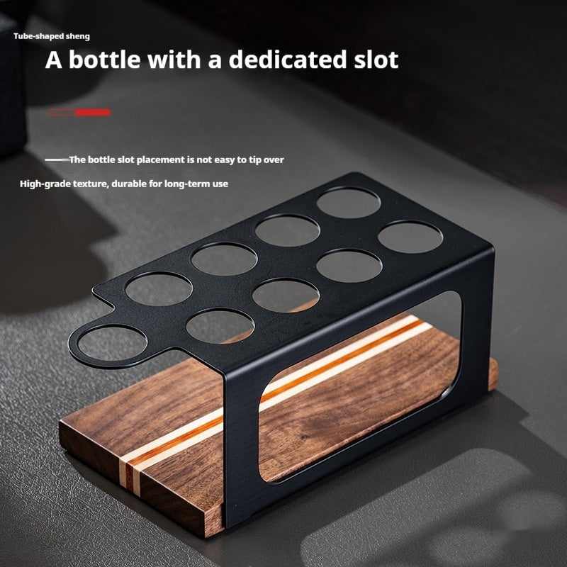Coffee bean portioning bottle display rack base with bottle slots and a top tray.