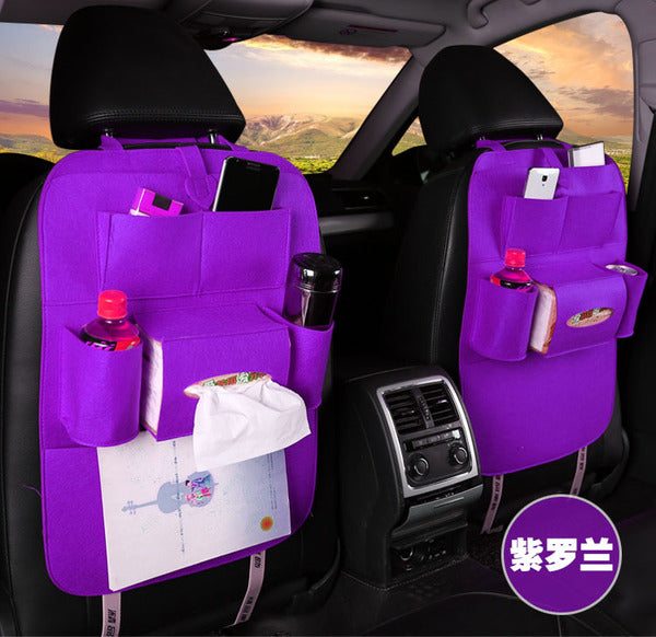 Purple seat organizer bag with front compartments for bottles and accessories