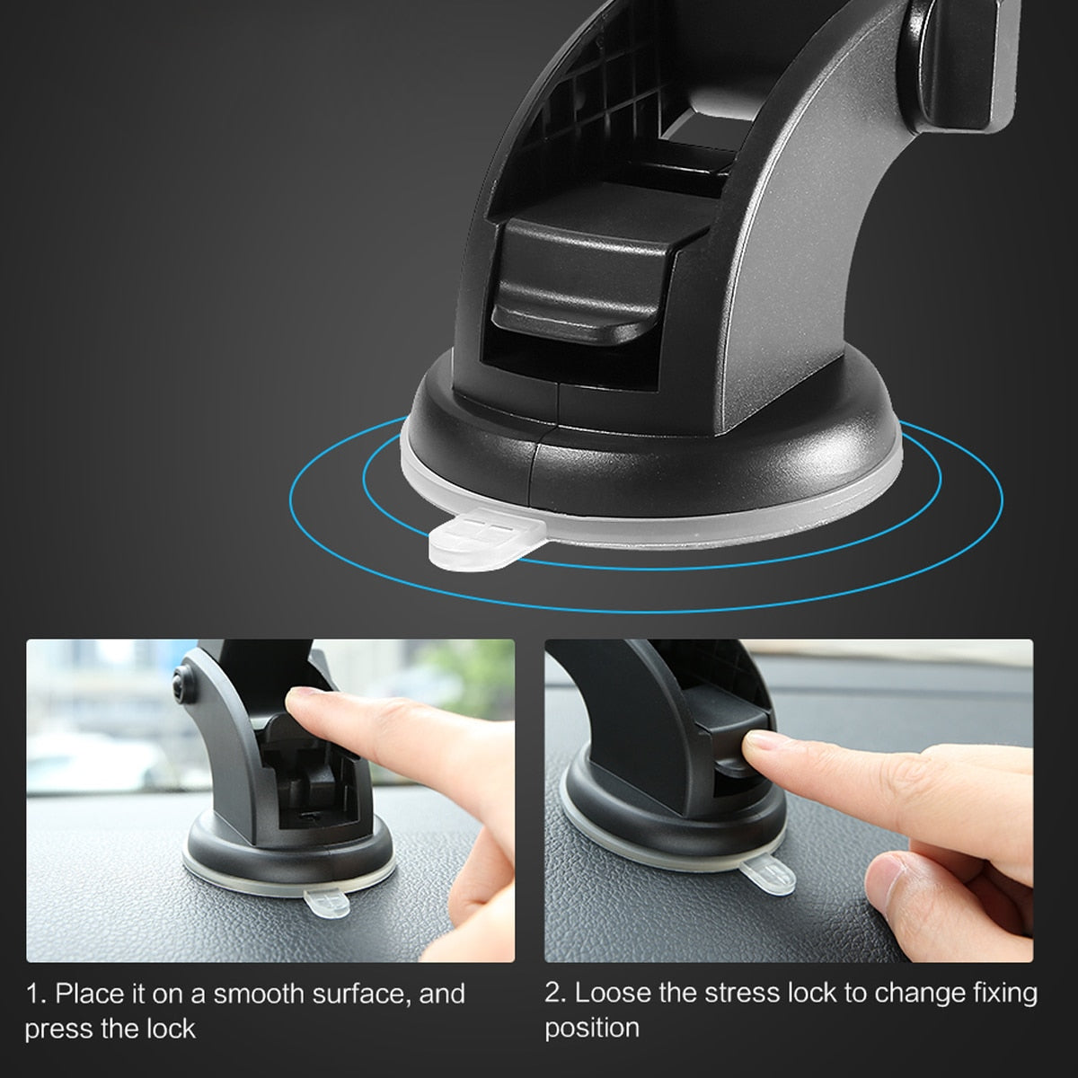 Black suction cup base with release lock for a car phone holder mount