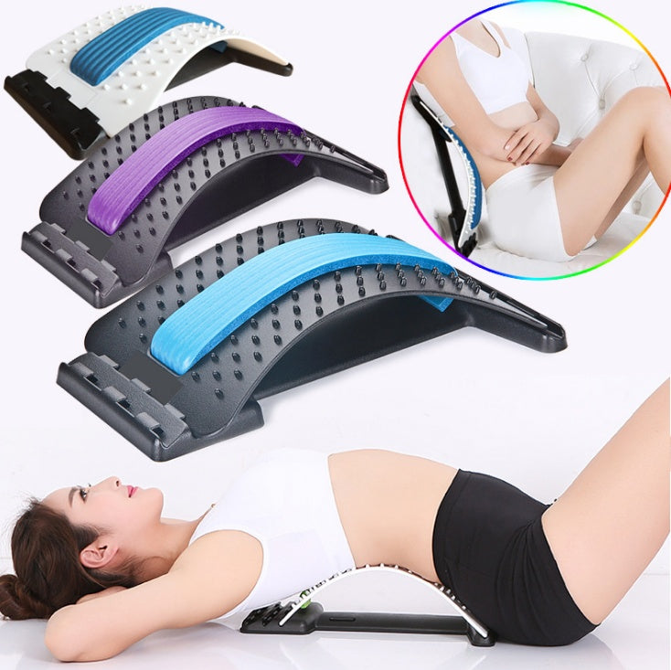Lumbar traction therapy back brace with white, purple, and blue curved support pads on black base