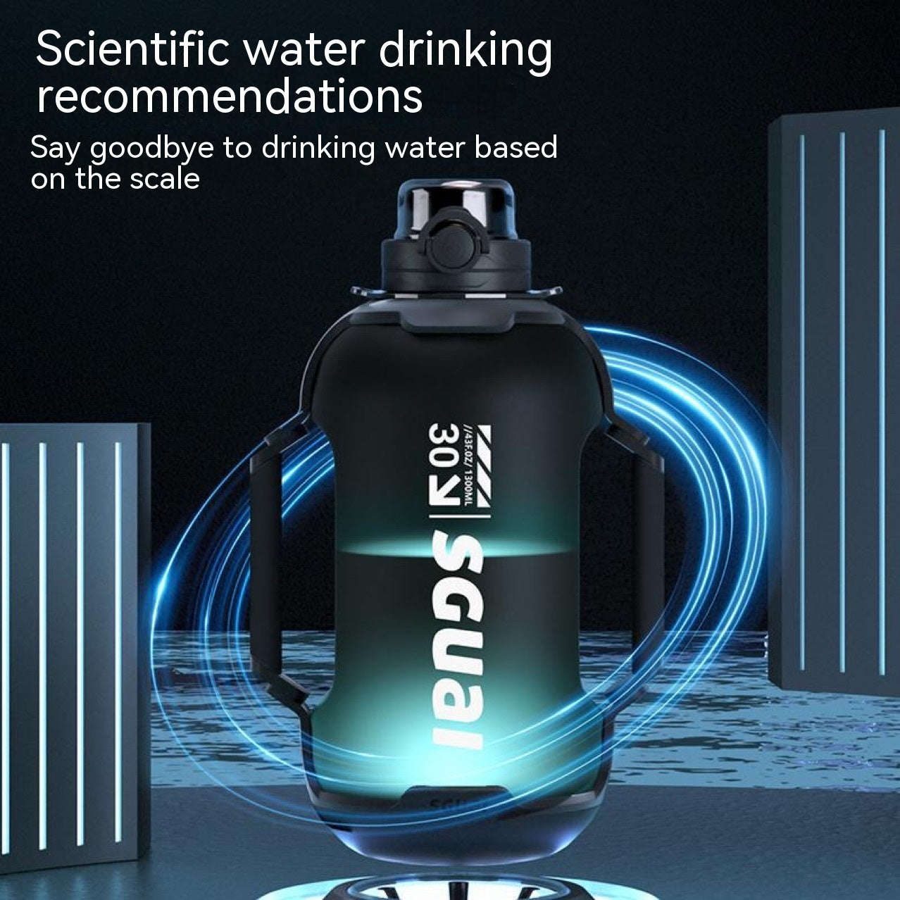 Matte black sports water bottle with flip-top cap and blue LED light halo