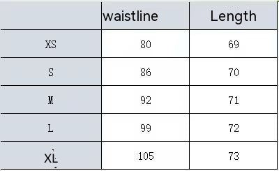 Size chart showing waistline and length for XS to XL: 80/69, 86/70, 92/71, 99/72