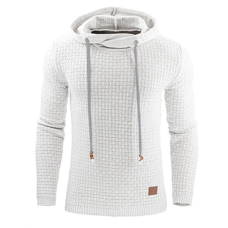Men's hoodie sweater, white textured knit, front pocket and drawstring hood