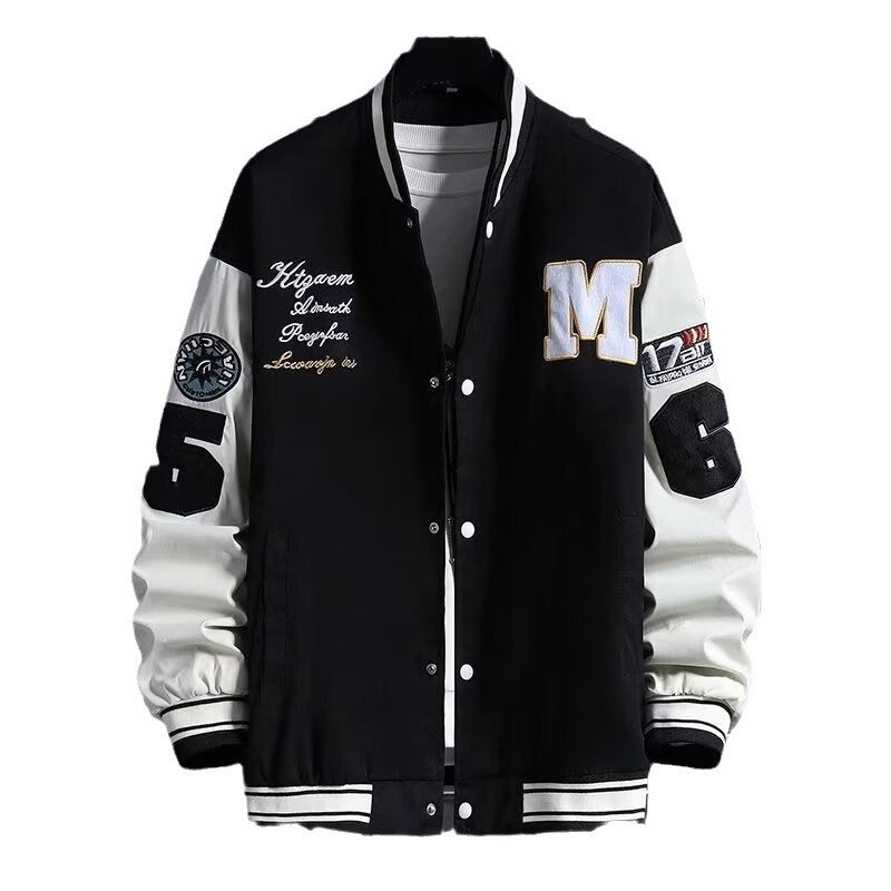 Men's black baseball jacket with button front, 'M' patch, and logo sleeve patches