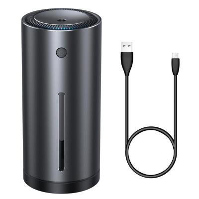 Silver-gray car diffuser humidifier with attached power cable and control button