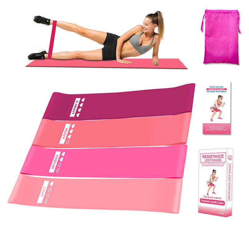 Pink loop resistance band set with printed workout guidance card and storage bag