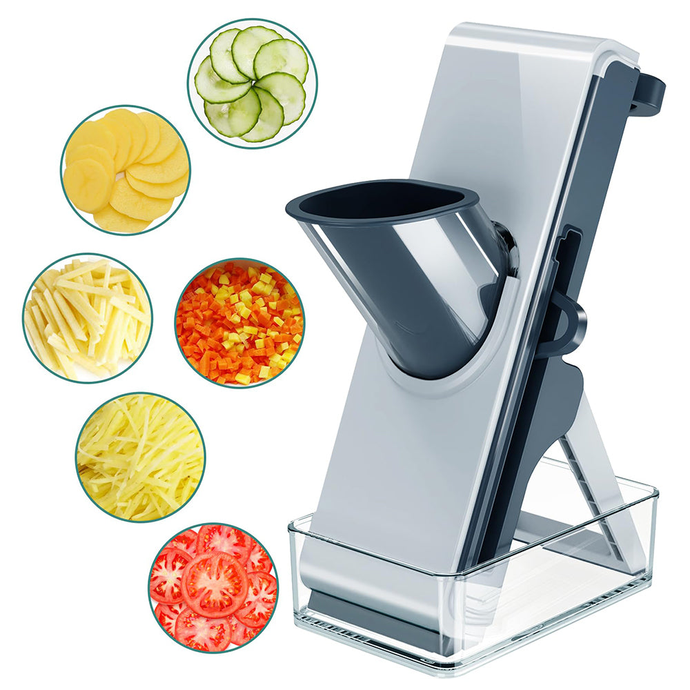 Adjustable mandoline food slicer with safety handle and collection tray, dark blade guard