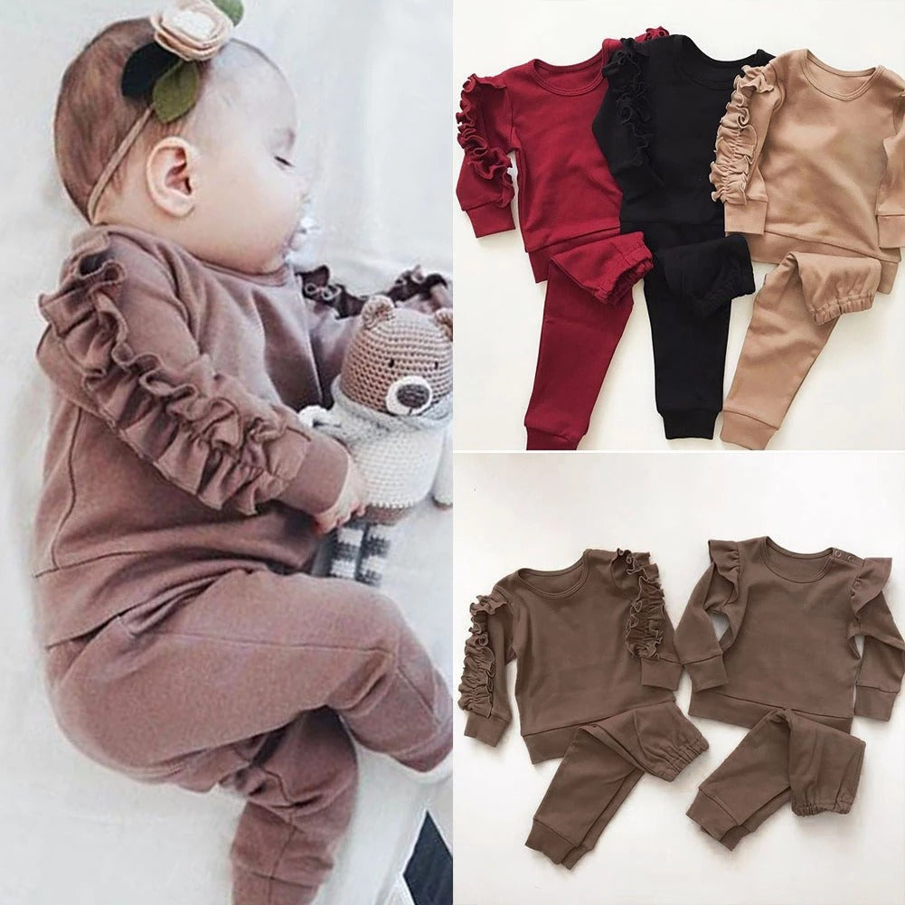 Newborn ruffle sweatshirt and pants 2-piece set in black, wine red, and beige