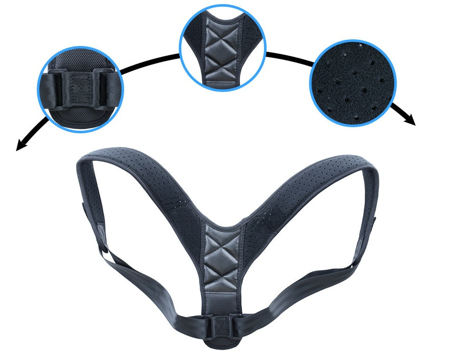 Blue posture corrector strap harness with padded center and adjustable black buckles