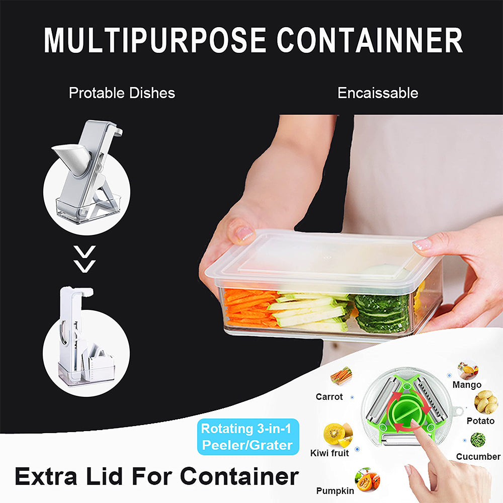 Multipurpose food container with clear lid and mandoline slicer attachment