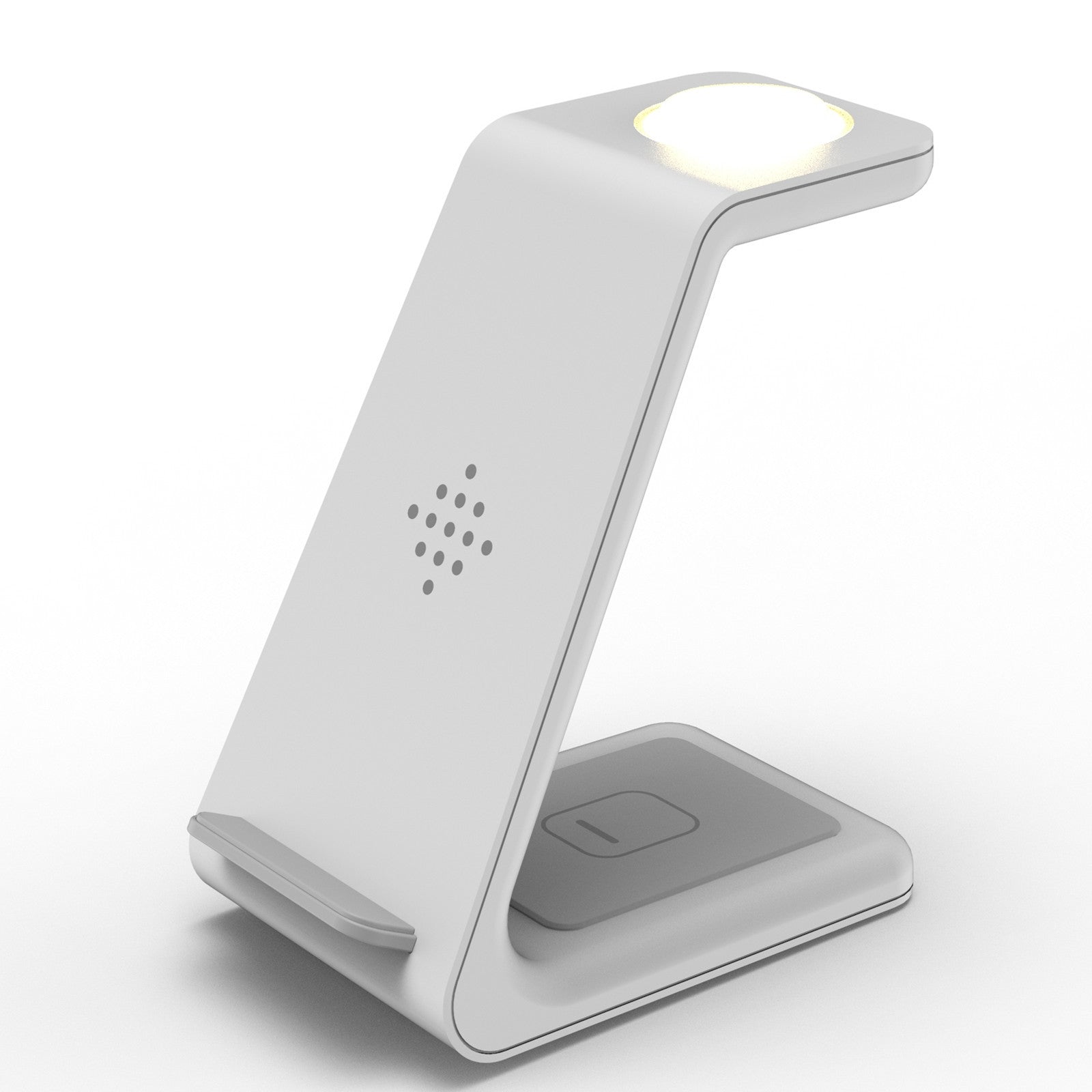 Wireless phone charger stand with vertical cradle, LED indicator, white finish.