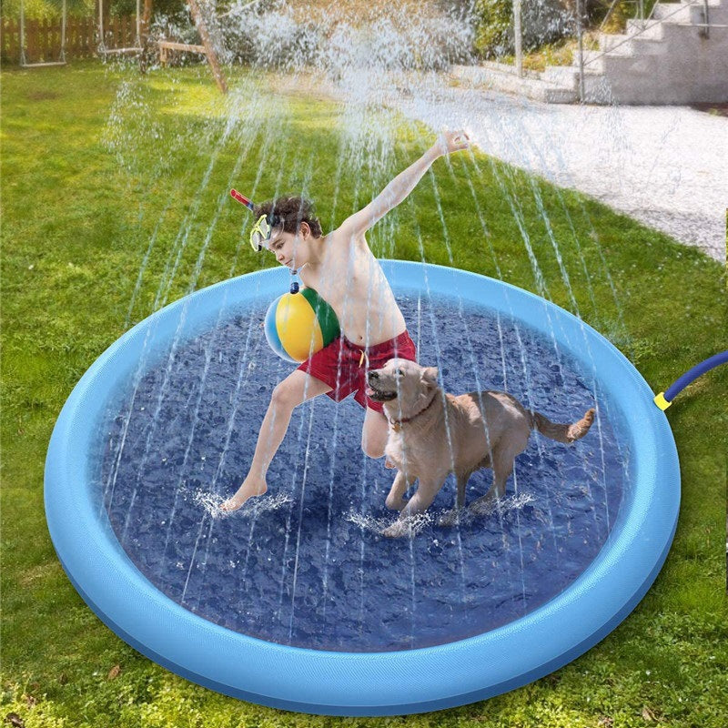 Blue round splash pad with water sprayers, kid and dog playing in shallow pool
