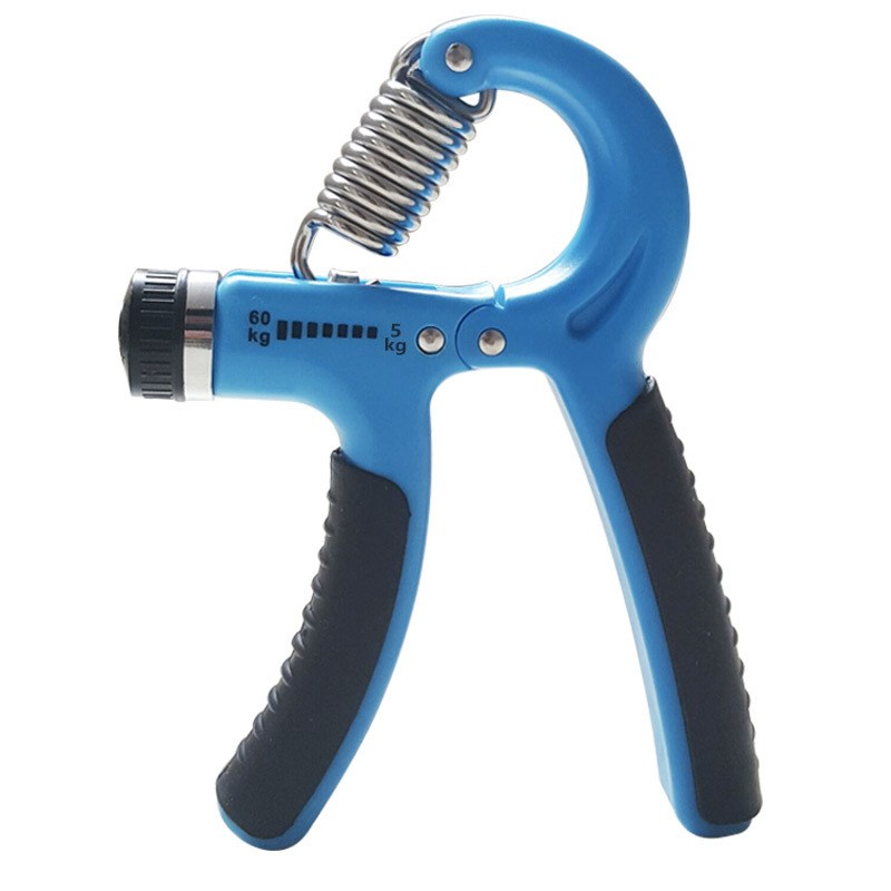 Blue hand grip finger exerciser with silver spring and black textured grips
