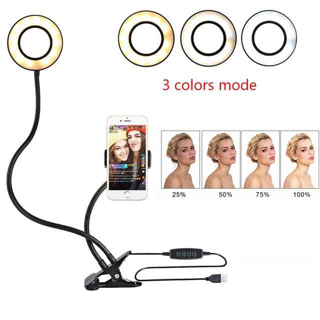 LED selfie ring light with flexible stand and tripod base, 3 light color modes shown