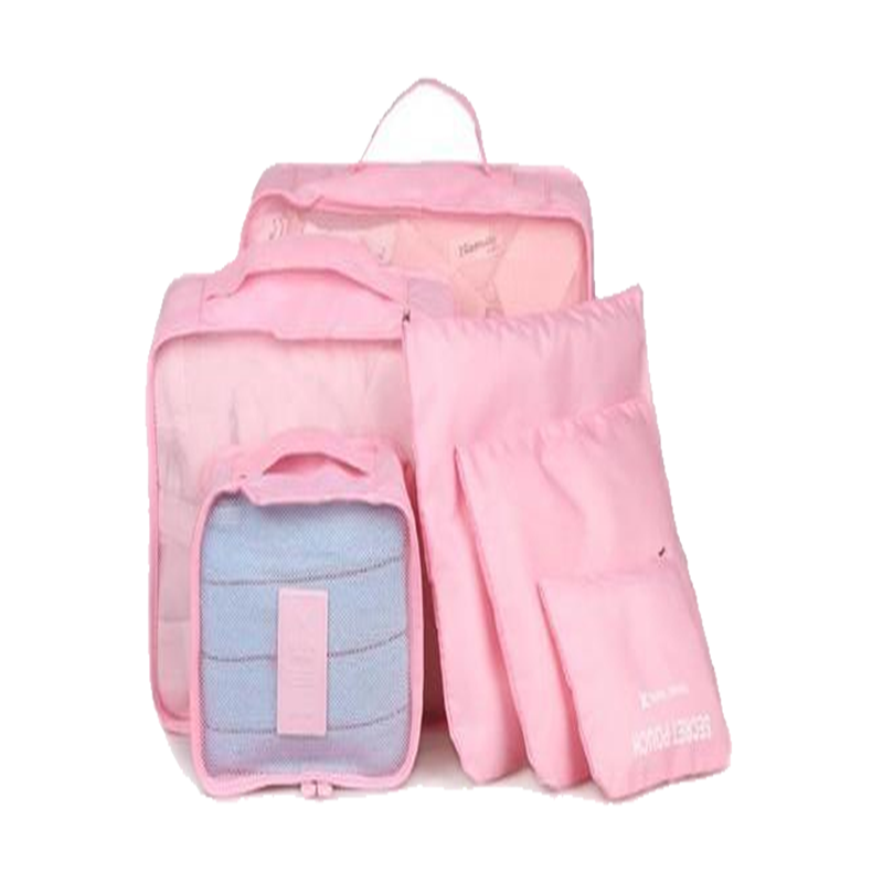 Travel packing cube set in pink with clear mesh panels and zippered pouches