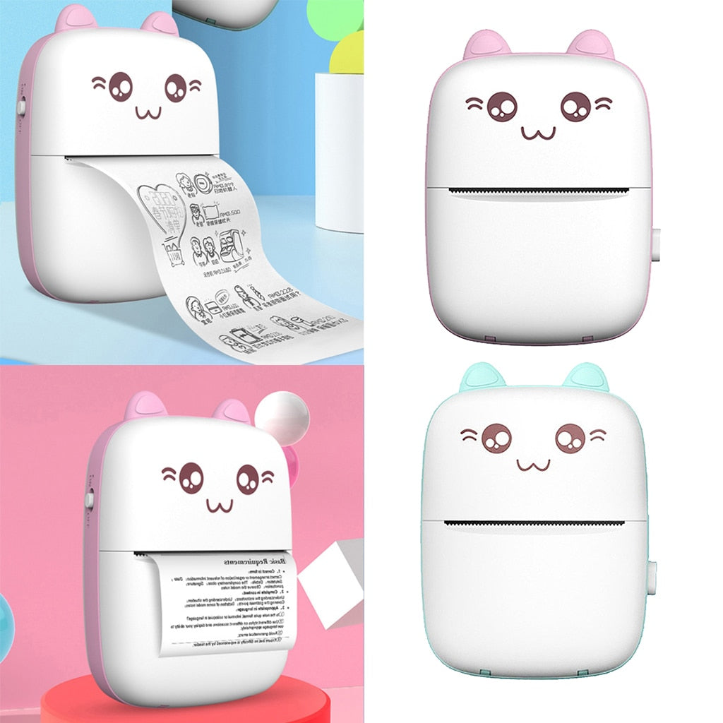 Mini label printer set: pink and mint cat-face printers, white bodies with paper outputs
