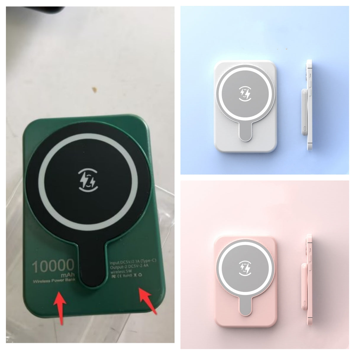 Mini magnetic wireless power bank set, green, white, and pink, with charging puck and cable.