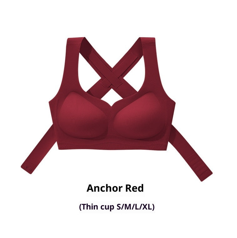 Red front-closure posture bra with crisscross back straps and molded cups