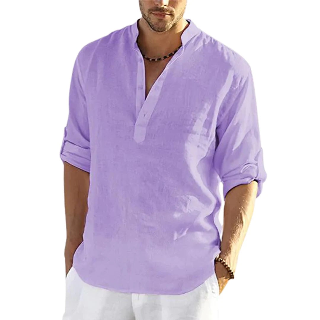 Men's casual long sleeve stand-collar shirt in lavender purple, loose fit